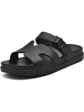 Women's Black Flat Sandal with Arch Support Summer Beach Slip on Slides H-Strap